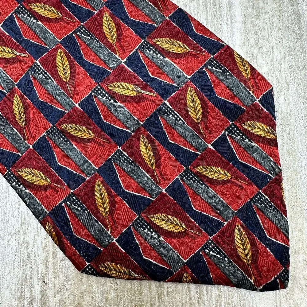 Ermenegildo Zegna Neck tie Floral Wheat Leaf Silk Made Italy Burgundy Blue‎